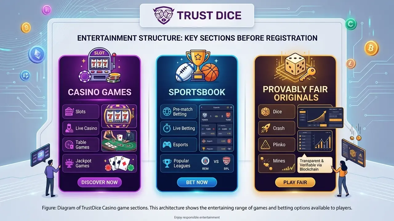 Diagram of TrustDice Casino game sections