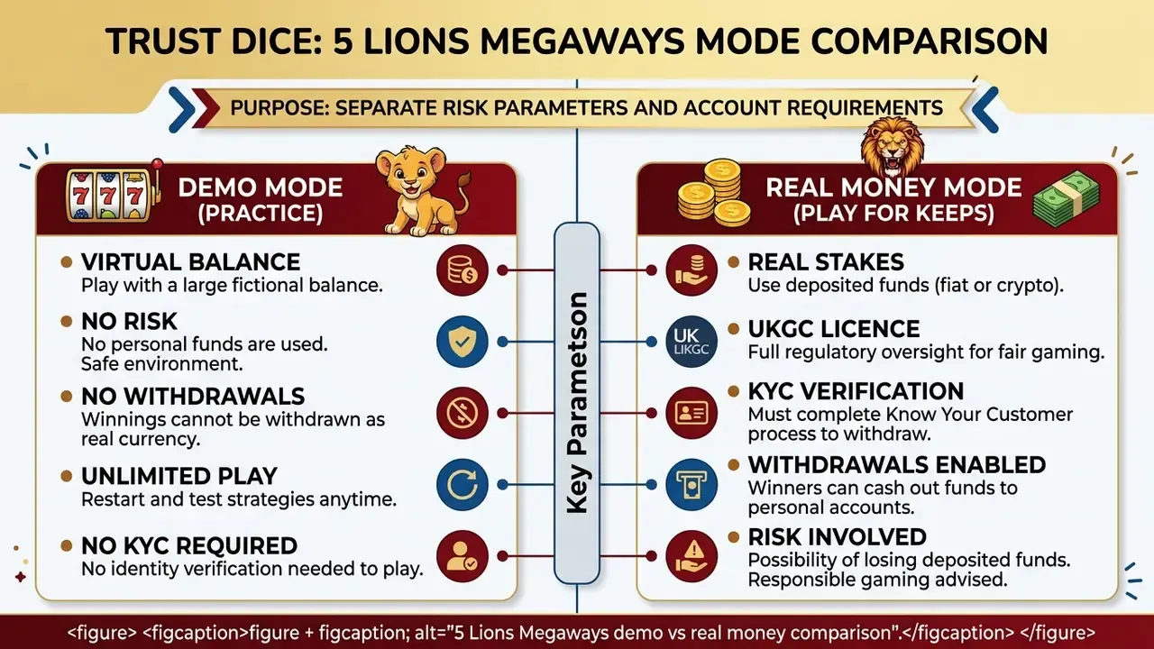 5 Lions Megaways demo vs real money comparison