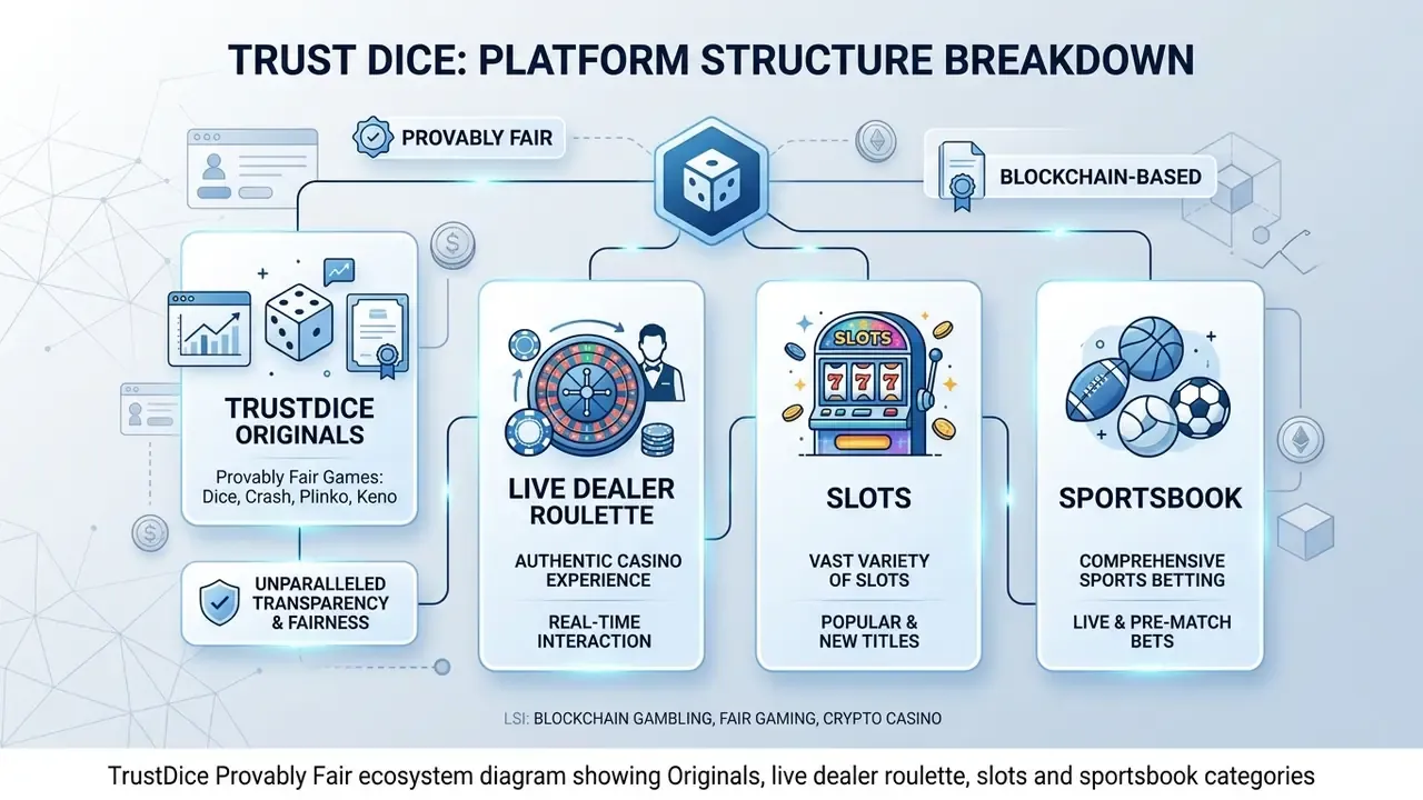 TrustDice Provably Fair ecosystem diagram showing Originals, live dealer roulette, slots and sportsbook categories