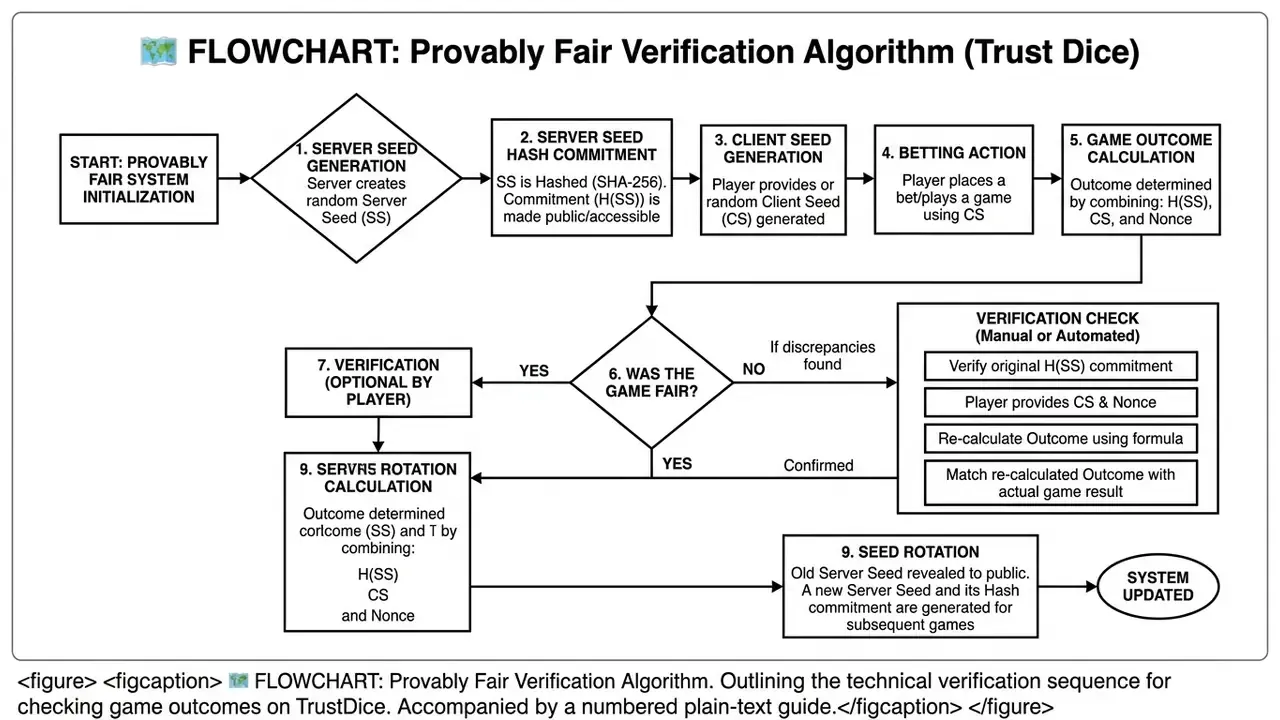 TrustDice Provably Fair verification flowchart from server seed hash commitment to seed rotation