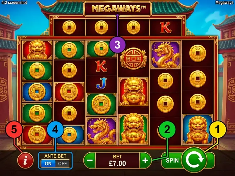 5 Lions Megaways slot interface and spin button