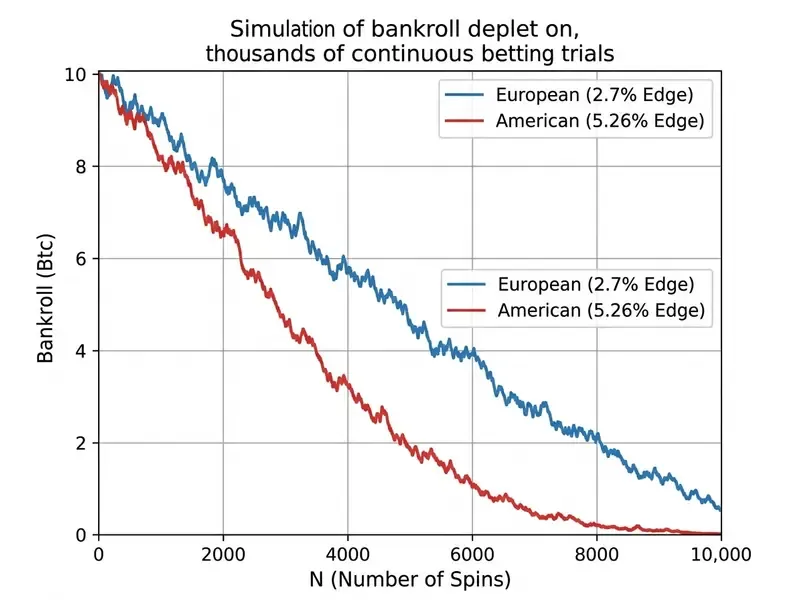 Bitcoin roulette bankroll simulation comparing European and American house edge